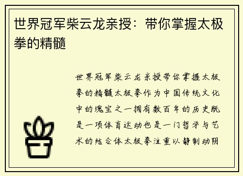 世界冠军柴云龙亲授：带你掌握太极拳的精髓