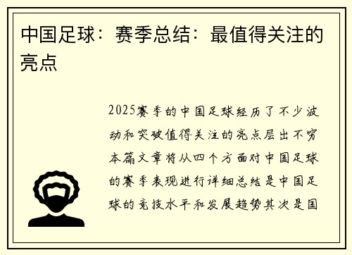 中国足球：赛季总结：最值得关注的亮点