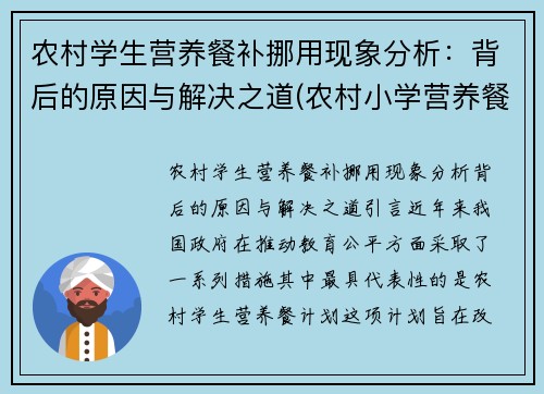 农村学生营养餐补挪用现象分析：背后的原因与解决之道(农村小学营养餐补助)